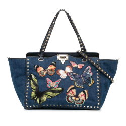 Valentino AB Valentino Blue Denim Fabric Butterfly Embroidered Rockstud Satchel Italy