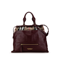 Burberry B Burberry Red Bordeaux with Brown Beige Calf Leather House Check Big Crush Satchel Italy