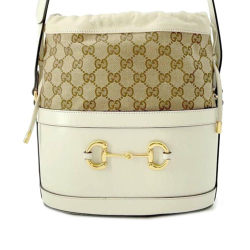 Gucci B Gucci Brown Beige with White Canvas Fabric GG Horsebit 1955 Bucket Bag Italy