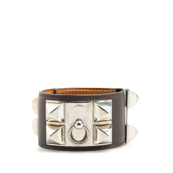 Hermès B Hermès Brown Dark Brown Calf Leather Palladium Plated And Collier de Chien Cuff Bracelet France