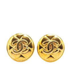 Chanel B Chanel Gold Gold Plated Metal CC Quilted Round Clip on Earrings France