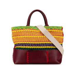 Valentino B Valentino Yellow with Red Bordeaux Raffia Natural Material Crochet and Calfskin Satchel Italy