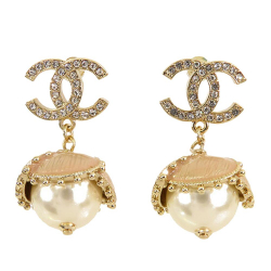 Chanel B Chanel Gold Gold Plated Metal CC Rhinestone And Pearl Drop Push Back Earrings Italy