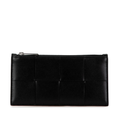 Bottega Veneta B Bottega Veneta Black Calf Leather Intreccio Slim Cassette Zip Card Holder Italy