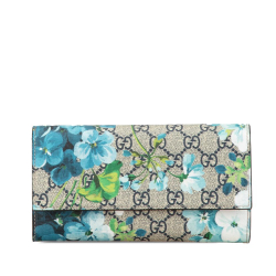 Gucci AB Gucci Brown Beige with Blue Coated Canvas Fabric GG Supreme Blooms Continental Wallet Italy