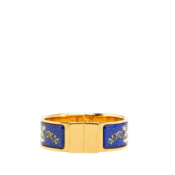 Hermès AB Hermès Blue Gold Plated Metal Wide Enamel Horse Loquet Hinge Bangle France