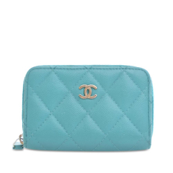 Chanel B Chanel Blue Aqua Caviar Leather Leather CC Quilted Caviar Zip Coin Purse France