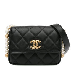 Chanel AB Chanel Black Lambskin Leather Leather CC Lambskin About Pearls Card Holder On Chain Italy