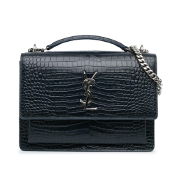 Saint Laurent B Saint Laurent Blue Navy Calf Leather Medium Croc Embossed Monogram Sunset Bag Italy