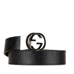 Gucci B Gucci Black Calf Leather Guccissima Interlocking G Reversible Belt Italy