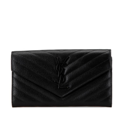 Saint Laurent B Saint Laurent Black Calf Leather Grain De Poudre Matelasse Chevron Monogram Flap Wallet Italy