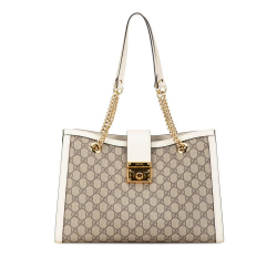 Gucci AB Gucci Brown Beige with White Coated Canvas Fabric Medium GG Supreme Padlock Tote Bag Italy