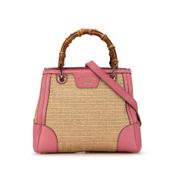 Gucci B Gucci Brown Beige with Pink Raffia Natural Material Small Bamboo Shopper Satchel Italy