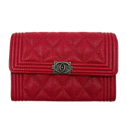 Chanel Boy Matelassè Caviar Leather Folding Wallet Cherry Red