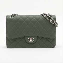 Chanel Classic Double Flap Jumbo Matelassè Caviar Leather 2-Ways Flap Handbag Military Green