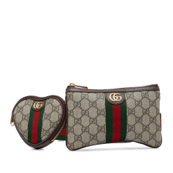 Gucci AB Gucci Brown Beige Coated Canvas Fabric GG Supreme Ophidia Heart Belt Bag Italy