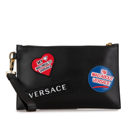 Versace AB Versace Black Calf Leather Logo Patch Clutch Italy