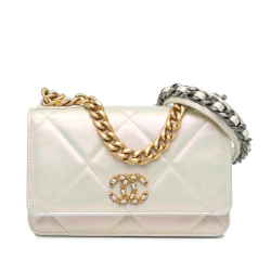 Chanel AB Chanel Silver Lambskin Leather Leather Quilted Iridescent Lambskin 19 Wallet on Chain Italy