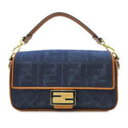 Fendi AB Fendi Blue Denim Denim Fabric Zucca Embroidered Baguette Satchel Italy