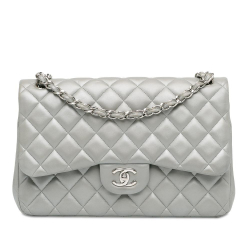 Chanel B Chanel Silver Lambskin Leather Leather Jumbo Classic Lambskin Double Flap Italy