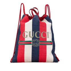 Gucci AB Gucci Red Canvas Fabric Sylvie Stripe Logo Drawstring Backpack Italy