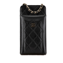 Chanel AB Chanel Black Caviar Leather Leather Quilted Caviar O Phone Holder with Chain France