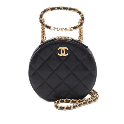 Chanel Black Quilted Lambskin Oval Logo Chain Top Handle Round Clutch on Chain Italy