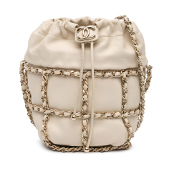 Chanel B Chanel White Ivory Lambskin Leather Leather Lambskin CC Chain Frame Drawstring Bucket Bag Italy