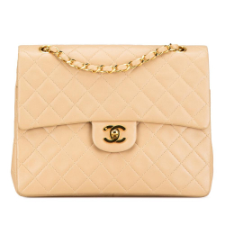 Chanel B Chanel Brown Light Beige Lambskin Leather Leather Medium Tall Classic Lambskin Double Flap France