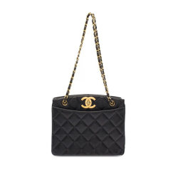 Chanel B Chanel Black Lambskin Leather Leather CC Quilted Lambskin Turn Lock Tote France