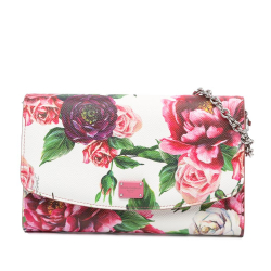 Dolce&Gabbana AB Dolce & Gabbana White Calf Leather Floral Print Dauphine Wallet On Chain Italy