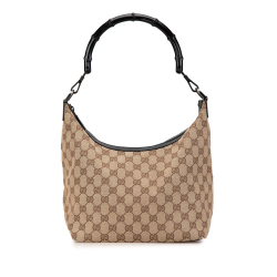 Gucci AB Gucci Brown Beige Canvas Fabric GG Bamboo Shoulder Bag Italy