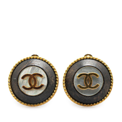 Chanel B Chanel Gold Gold Plated Metal Acrylic CC Button Clip On Earrings France