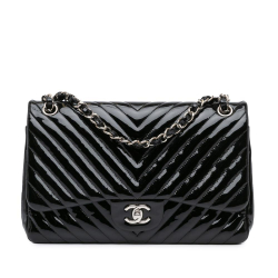 Chanel B Chanel Black Patent Leather Leather Jumbo Classic Chevron Patent Double Flap Italy