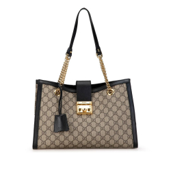 Gucci B Gucci Brown Beige with Black Coated Canvas Fabric Medium GG Supreme Padlock Tote Italy