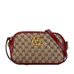 Gucci B Gucci Brown Beige with Red Canvas Fabric Small GG Marmont Crossbody Italy