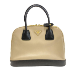 Prada B Prada Brown Beige Calf Leather Bicolor Soft Double Zip Dome Satchel Italy