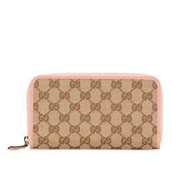 Gucci AB Gucci Brown Beige with Pink Canvas Fabric GG Zip Around Continental Wallet Italy