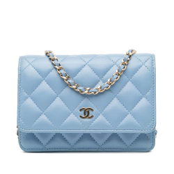 Chanel B Chanel Blue Light Blue Lambskin Leather Leather Mini Quilted Lambskin Wallet on Chain Italy