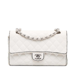 Chanel B Chanel White Ivory Nylon Fabric Medium Classic Printed Grosgrain Double Flap France