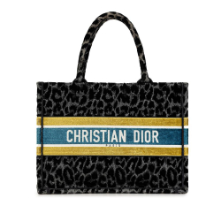 Christian Dior B Dior Black Canvas Fabric Medium Embroidered Leopard Mizza Book Tote Italy