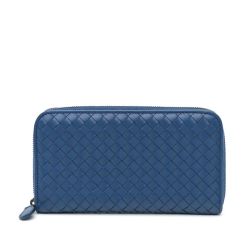 Bottega Veneta B Bottega Veneta Blue Calf Leather Intrecciato Zip Around Long Wallet Italy