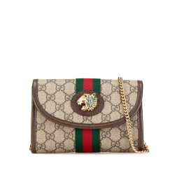 Gucci AB Gucci Brown Beige Coated Canvas Fabric Mini GG Supreme Rajah Web Chain Crossbody Italy