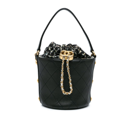 Chanel B Chanel Black Calf Leather Small CC skin and Tweed Drawstring Bucket Bag Italy