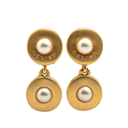 Celine B Celine Gold Gold Plated Metal Faux Pearl Drop Clip On Earrings Italy