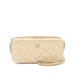 Chanel Gold Quilted Iridescent Lambskin Double Zip Pearl Clutch On Chain Italy