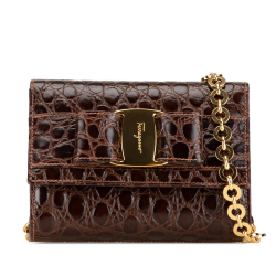 Salvatore Ferragamo AB Ferragamo Brown Calf Leather Mini Croc Embossed Vara Chain Crossbody Italy