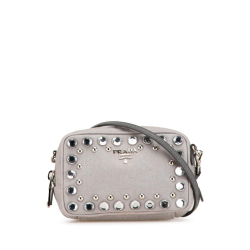 Prada AB Prada Gray Denim Fabric Mini Studded Embellished Camera Crossbody Italy