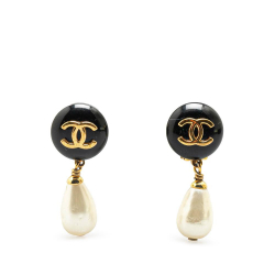 Chanel AB Chanel Gold with White Gold Plated Metal Faux Pearl CC Drop Clip On Earrings France