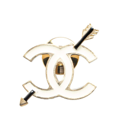 Chanel B Chanel Gold with White Gold Plated Metal Enamel CC Cupids Bow Brooch Italy